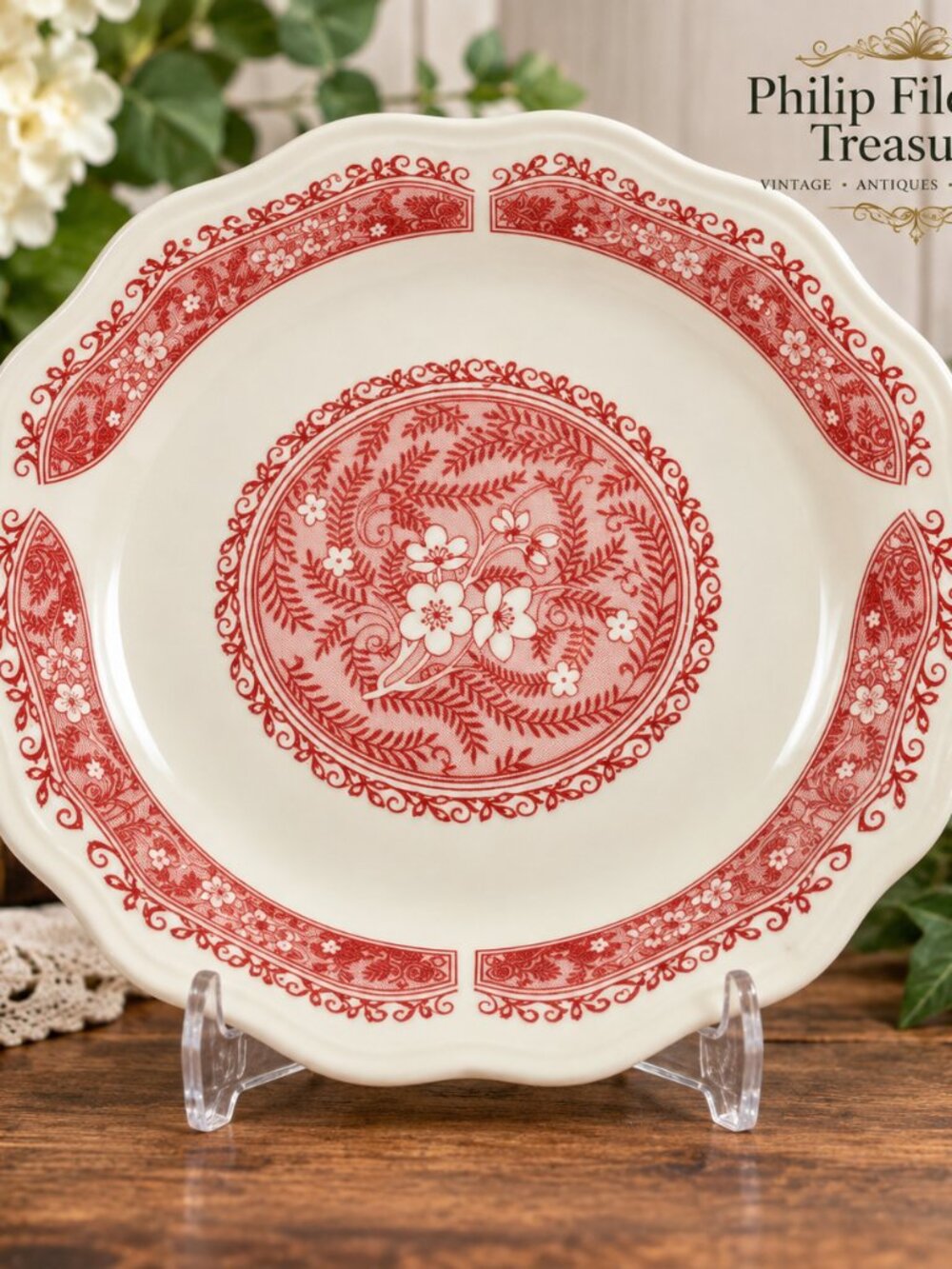 Plate-07--Vintage Syracuse China Strawberry Hill 9" Pink Red Floral Scalloped Pl